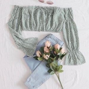 All Over Print Knot Front Crop Bardot Top